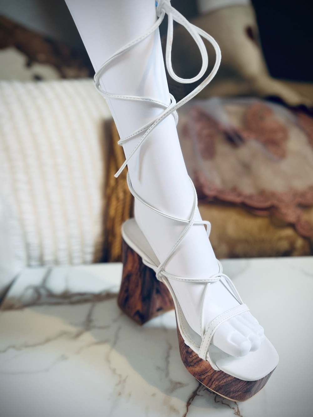 Strappy White Lace-Up Platform Sandals